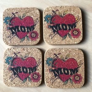 NWT cork coaster set of 4, red tattoo ‘MOM’